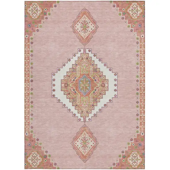Pink Green And Ivory Oriental Washable Indoor Outdoor Area Rug Photo 7
