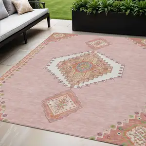 Photo of Pink Green And Ivory Oriental Washable Indoor Outdoor Area Rug