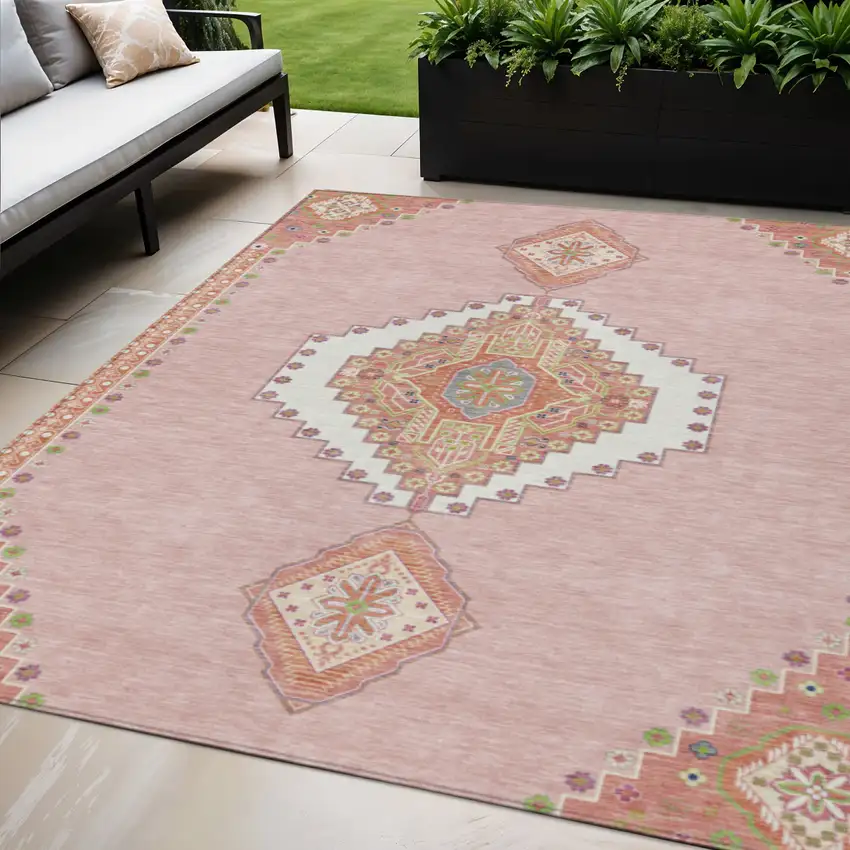 Pink Green And Ivory Oriental Washable Indoor Outdoor Area Rug Photo 1