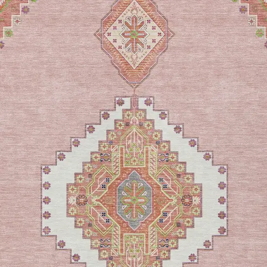 Pink Green And Ivory Oriental Washable Indoor Outdoor Area Rug Photo 5