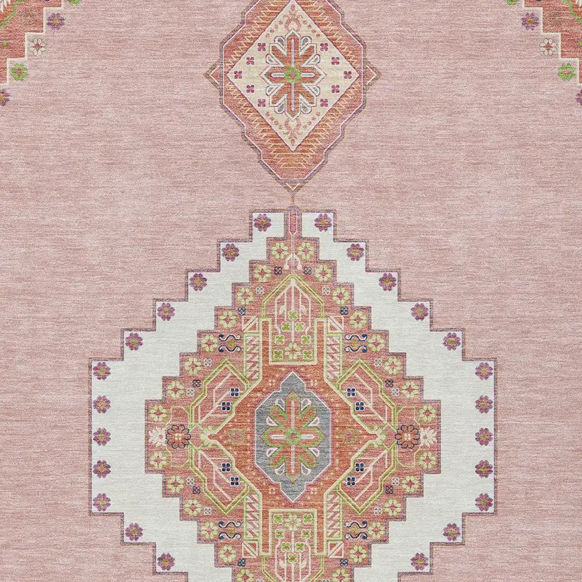 Pink Green And Ivory Oriental Washable Indoor Outdoor Area Rug Photo 5