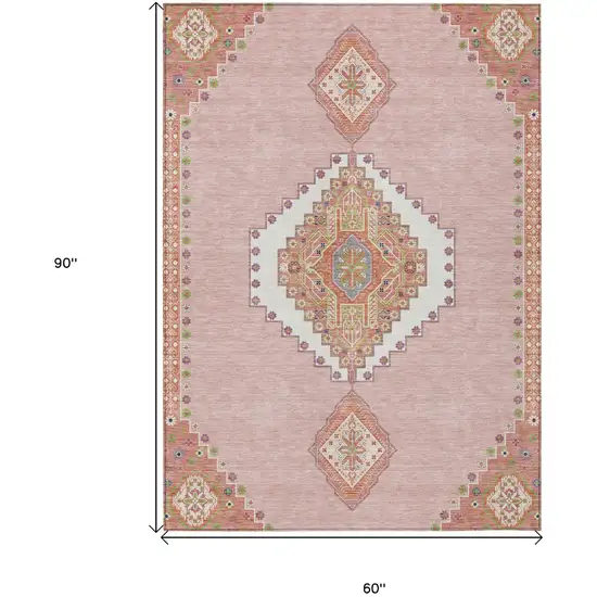 Pink Green And Ivory Oriental Washable Indoor Outdoor Area Rug Photo 3