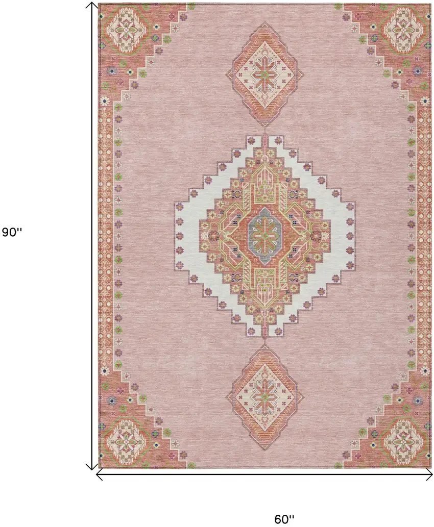 Pink Green And Ivory Oriental Washable Indoor Outdoor Area Rug Photo 3