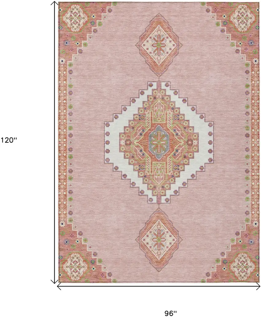 Pink Green And Ivory Oriental Washable Indoor Outdoor Area Rug Photo 3