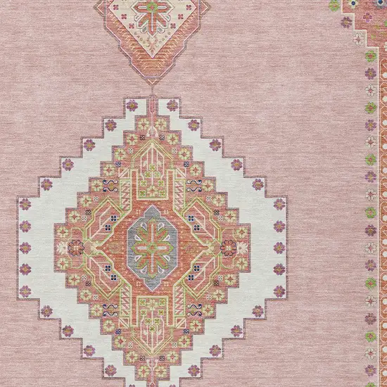 Pink Green And Ivory Oriental Washable Indoor Outdoor Area Rug Photo 5