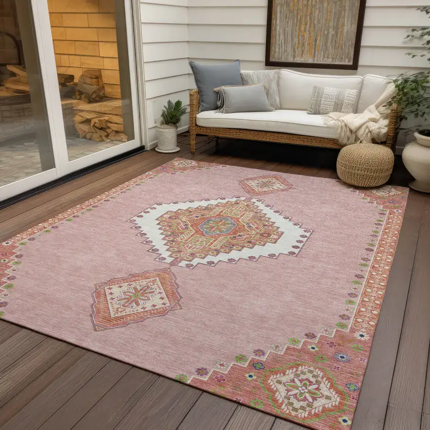 Pink Green And Ivory Oriental Washable Indoor Outdoor Area Rug Photo 8