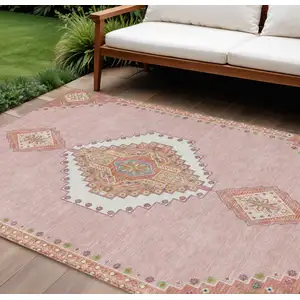 Photo of Pink Green And Ivory Oriental Washable Indoor Outdoor Area Rug