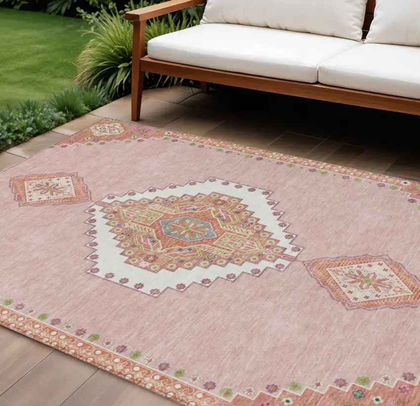 Pink Green And Ivory Oriental Washable Indoor Outdoor Area Rug Photo 1