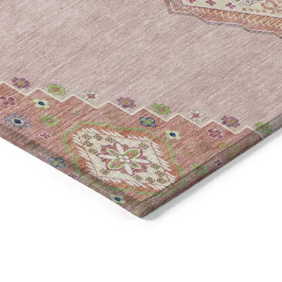 Pink Green And Ivory Oriental Washable Indoor Outdoor Area Rug Photo 4
