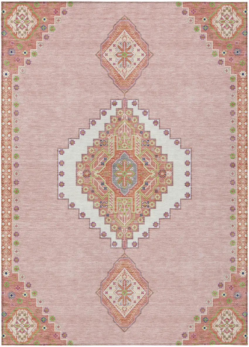 Pink Green And Ivory Oriental Washable Indoor Outdoor Area Rug Photo 2