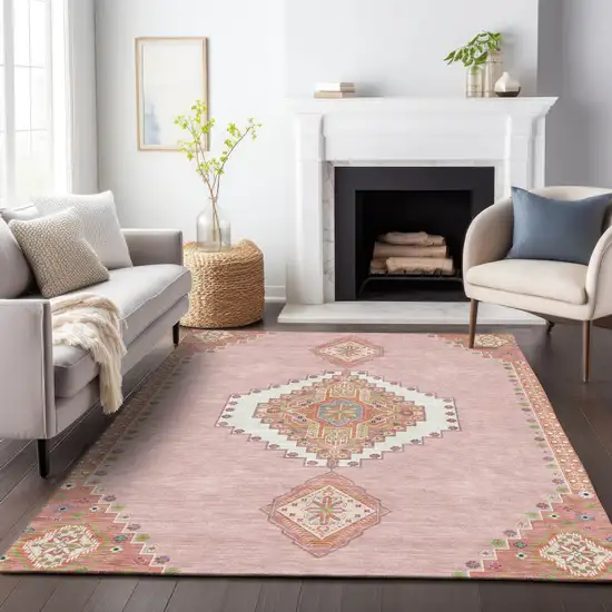 Pink Green And Ivory Oriental Washable Indoor Outdoor Area Rug Photo 9