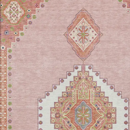 Pink Green And Ivory Oriental Washable Indoor Outdoor Area Rug Photo 5