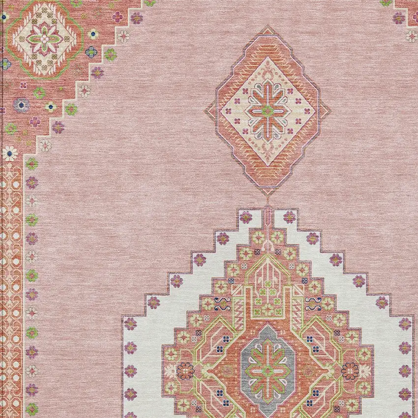Pink Green And Ivory Oriental Washable Indoor Outdoor Area Rug Photo 5