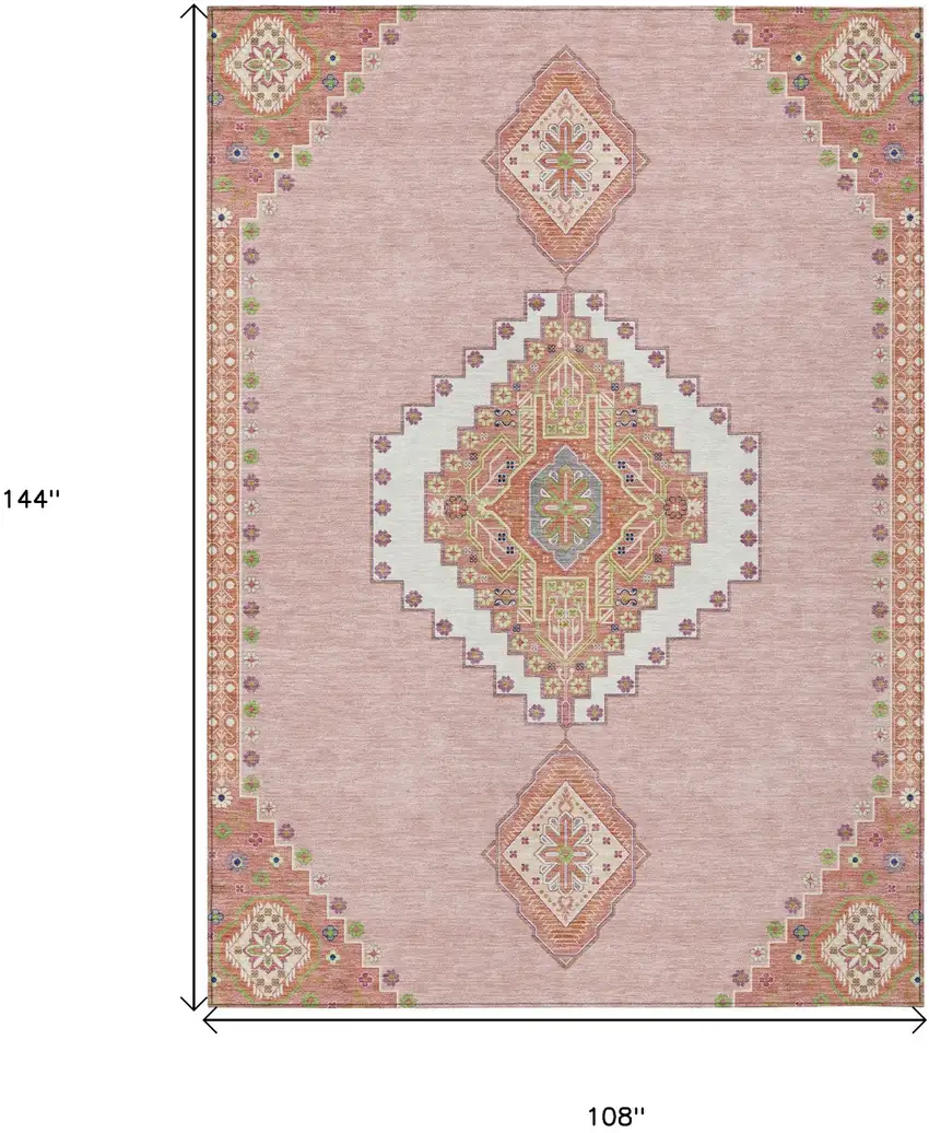 Pink Green And Ivory Oriental Washable Indoor Outdoor Area Rug Photo 3