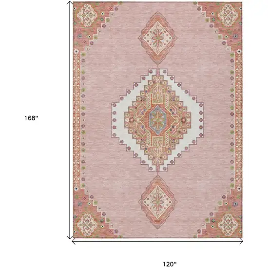 Pink Green And Ivory Oriental Washable Indoor Outdoor Area Rug Photo 3