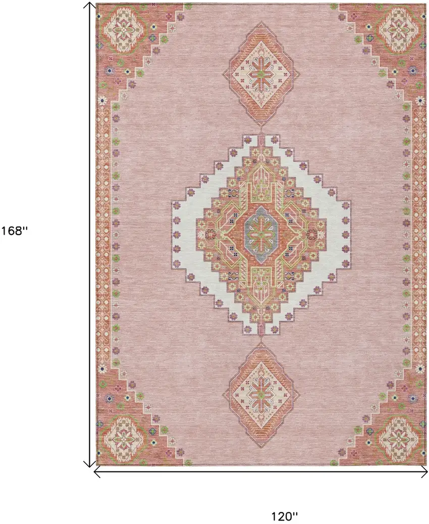 Pink Green And Ivory Oriental Washable Indoor Outdoor Area Rug Photo 3