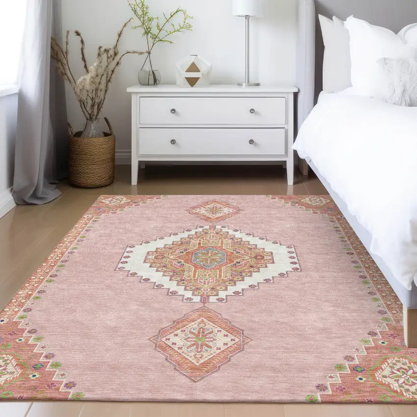 Pink Green And Ivory Oriental Washable Indoor Outdoor Area Rug Photo 9