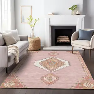 Photo of Pink Green And Ivory Oriental Washable Indoor Outdoor Area Rug