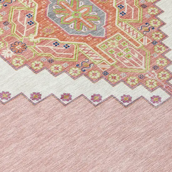 Pink Green And Ivory Oriental Washable Indoor Outdoor Area Rug Photo 6