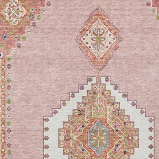 Pink Green And Ivory Oriental Washable Indoor Outdoor Area Rug Photo 5