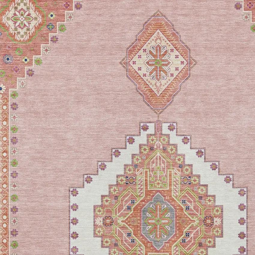 Pink Green And Ivory Oriental Washable Indoor Outdoor Area Rug Photo 5