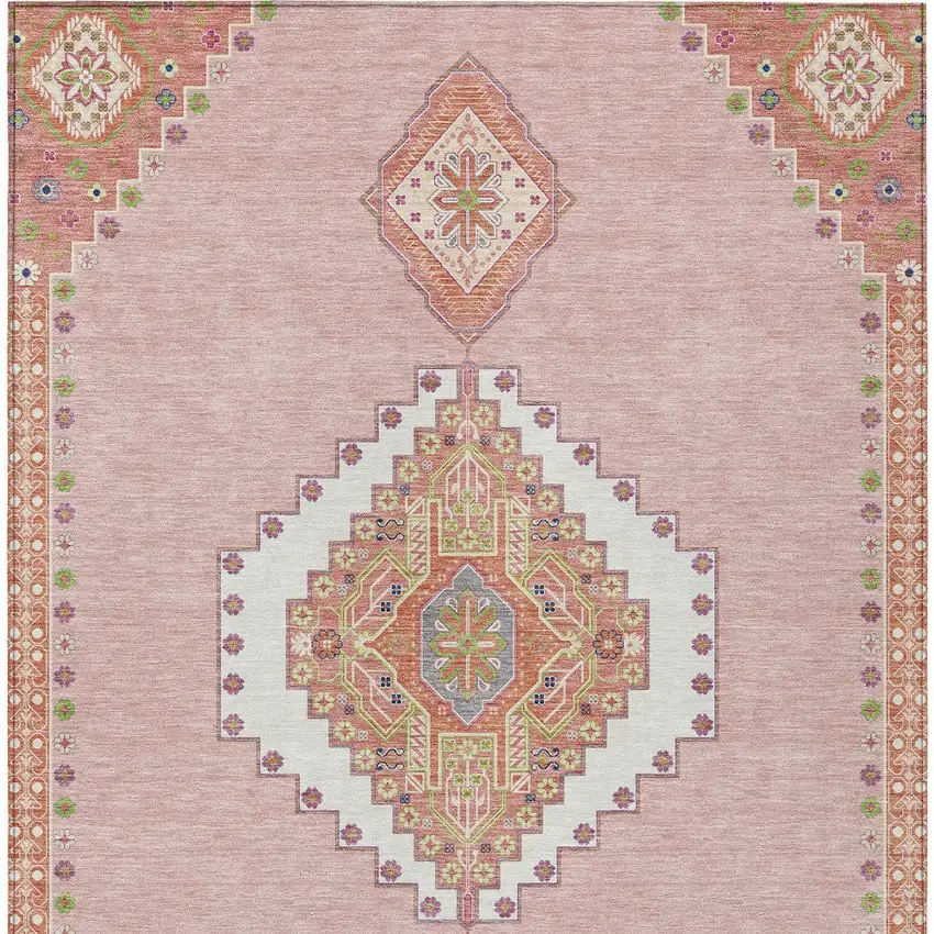 Pink Green And Ivory Oriental Washable Indoor Outdoor Area Rug Photo 7