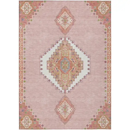 Pink Green And Ivory Oriental Washable Indoor Outdoor Area Rug Photo 2