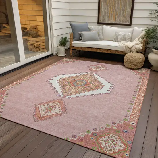 Pink Green And Ivory Oriental Washable Indoor Outdoor Area Rug Photo 8