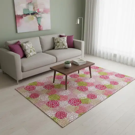 Pink Green And Ivory Polka Dot Washable Area Rug With UV Protection Photo 2