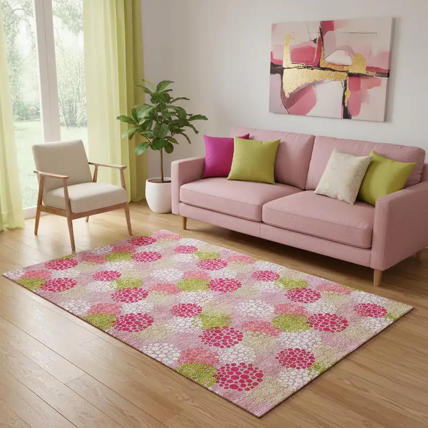 Pink Green And Ivory Polka Dot Washable Area Rug With UV Protection Photo 1