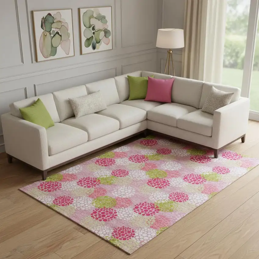 Pink Green And Ivory Polka Dot Washable Area Rug With UV Protection Photo 1