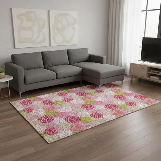 Pink Green And Ivory Polka Dot Washable Area Rug With UV Protection Photo 2