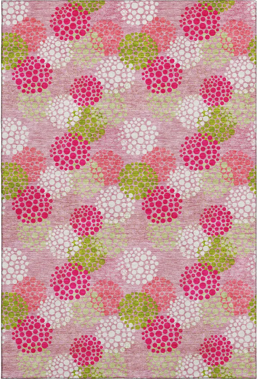Pink Green And Ivory Polka Dot Washable Area Rug With UV Protection Photo 1
