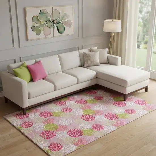 Pink Green And Ivory Polka Dot Washable Area Rug With UV Protection Photo 1