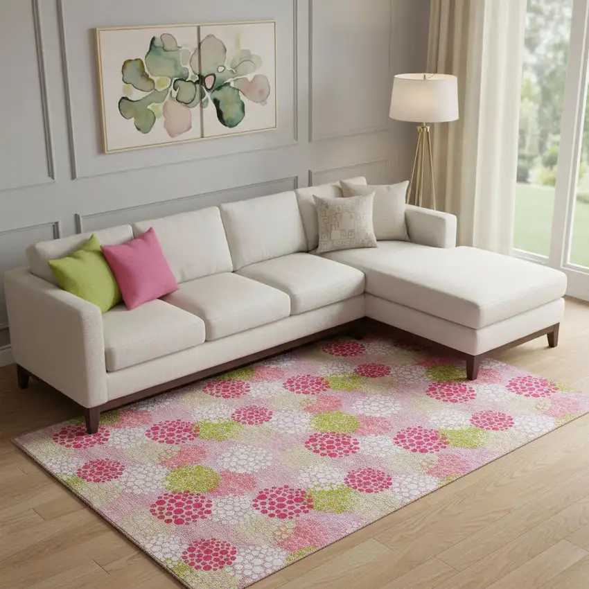 Pink Green And Ivory Polka Dot Washable Area Rug With UV Protection Photo 1