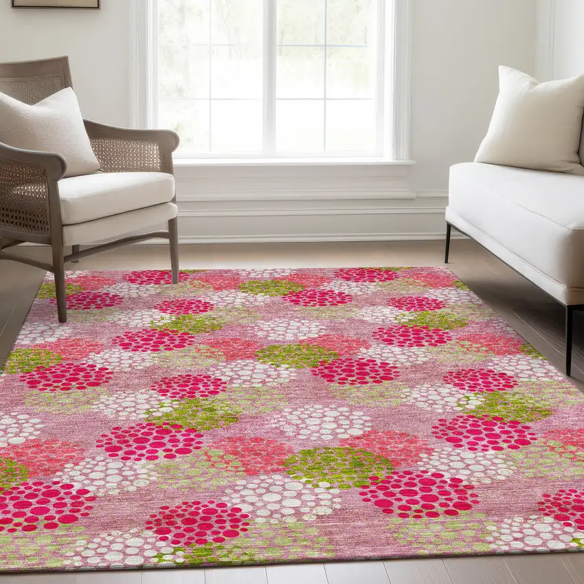 Pink Green And Ivory Polka Dot Washable Area Rug With UV Protection Photo 6