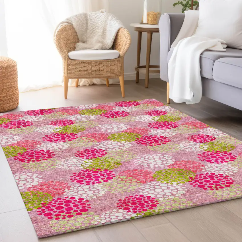Pink Green And Ivory Polka Dot Washable Area Rug With UV Protection Photo 5