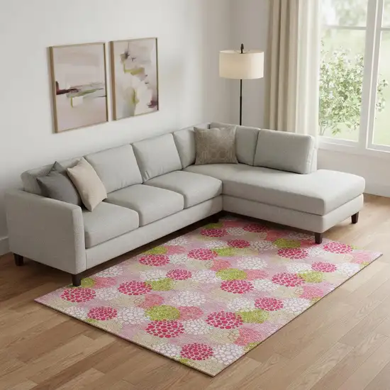 Pink Green And Ivory Polka Dot Washable Area Rug With UV Protection Photo 1