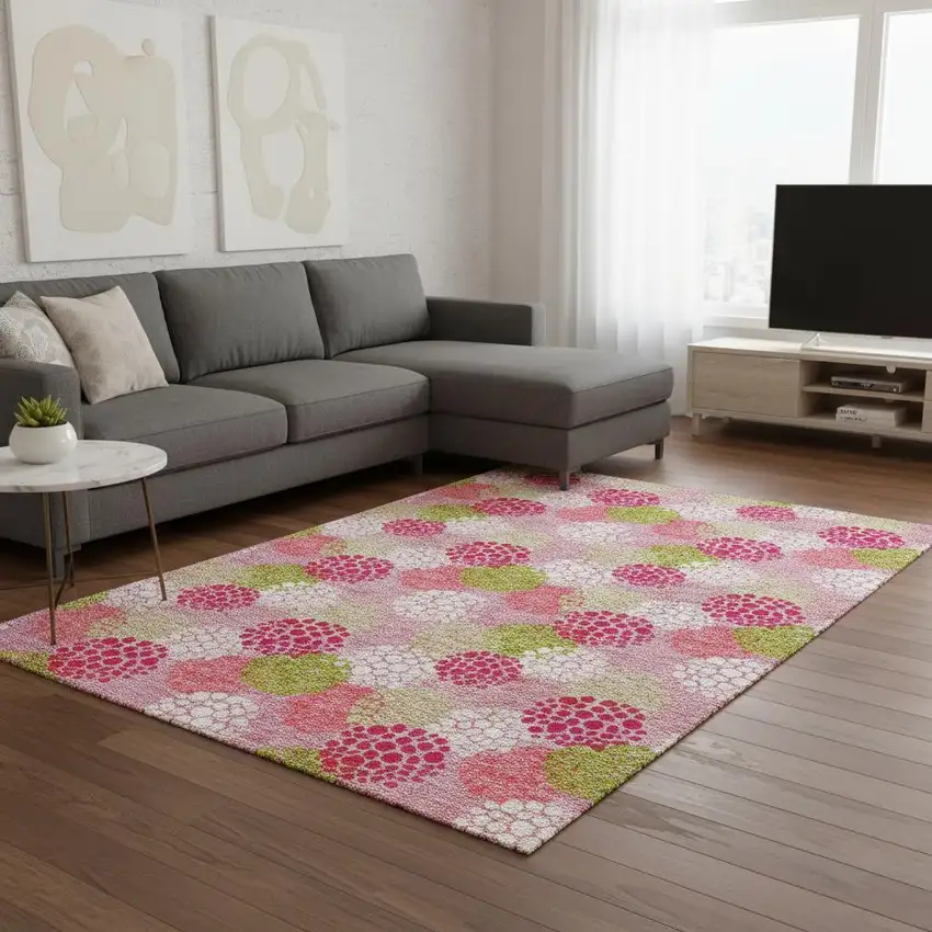 Pink Green And Ivory Polka Dot Washable Area Rug With UV Protection Photo 2