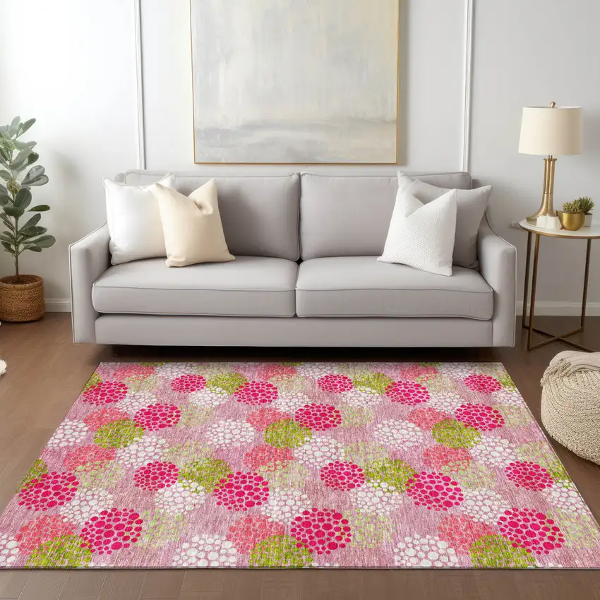 Pink Green And Ivory Polka Dot Washable Indoor Outdoor Area Rug Photo 9