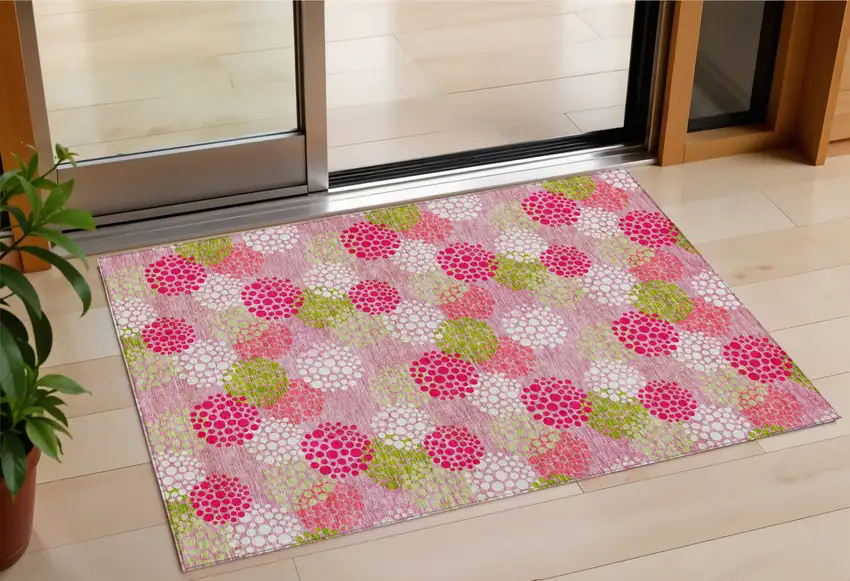 Pink Green And Ivory Polka Dot Washable Indoor Outdoor Area Rug Photo 1
