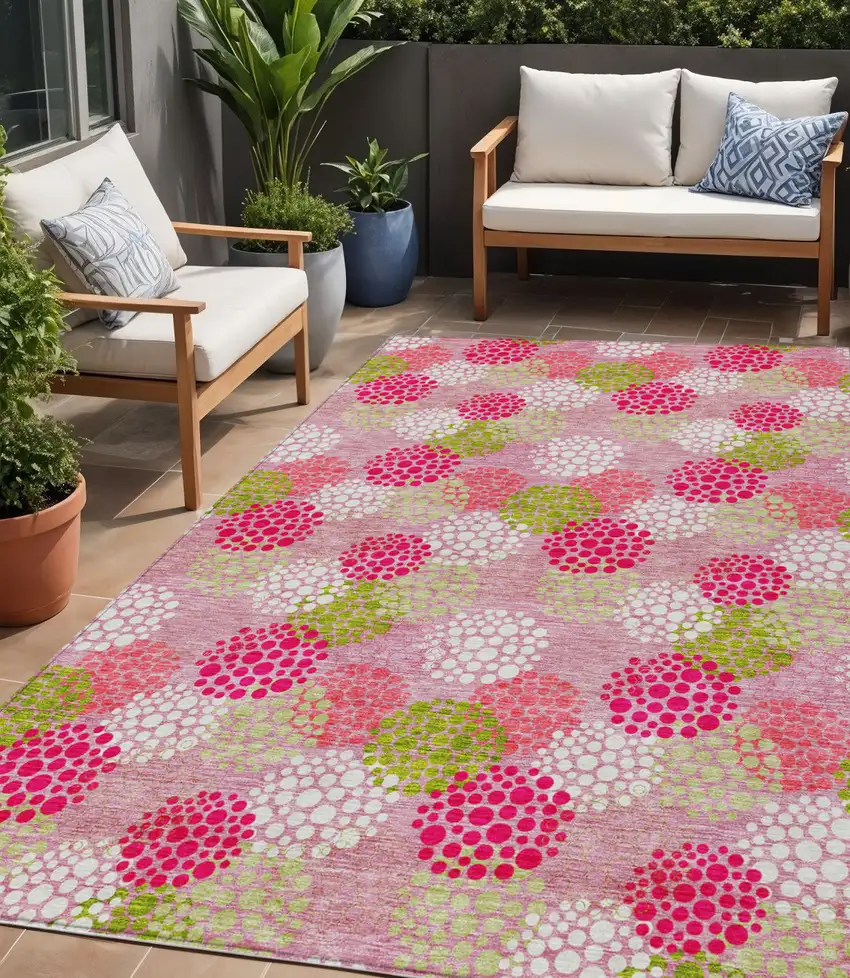 Pink Green And Ivory Polka Dot Washable Indoor Outdoor Area Rug Photo 1