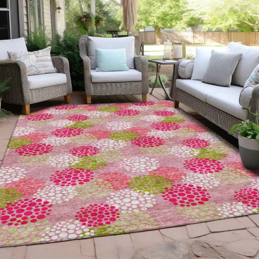 Pink Green And Ivory Polka Dot Washable Indoor Outdoor Area Rug Photo 8