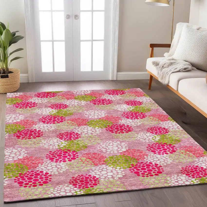 Pink Green And Ivory Polka Dot Washable Indoor Outdoor Area Rug Photo 9