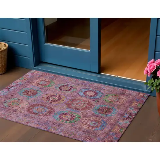 Pink Green And Mauve Medallion Washable Indoor Outdoor Area Rug Photo 1