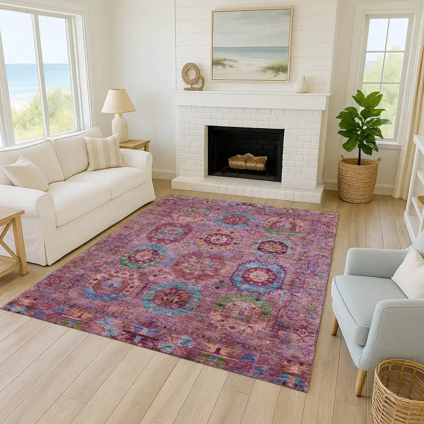 Pink Green And Mauve Medallion Washable Indoor Outdoor Area Rug Photo 9