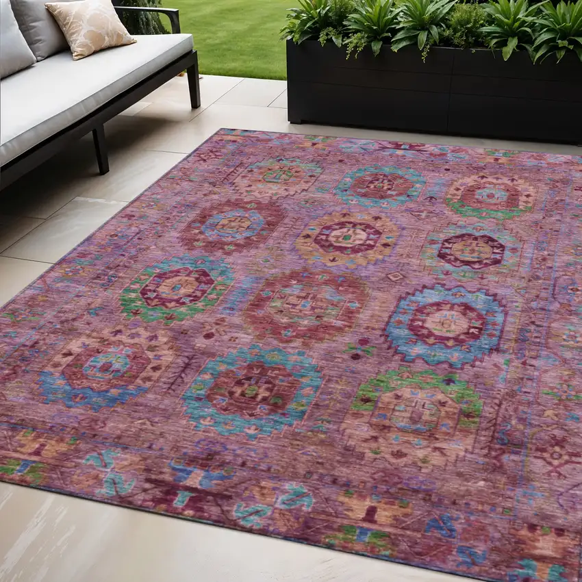 Pink Green And Mauve Medallion Washable Indoor Outdoor Area Rug Photo 1