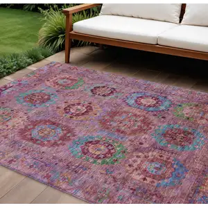 Photo of Pink Green And Mauve Medallion Washable Indoor Outdoor Area Rug