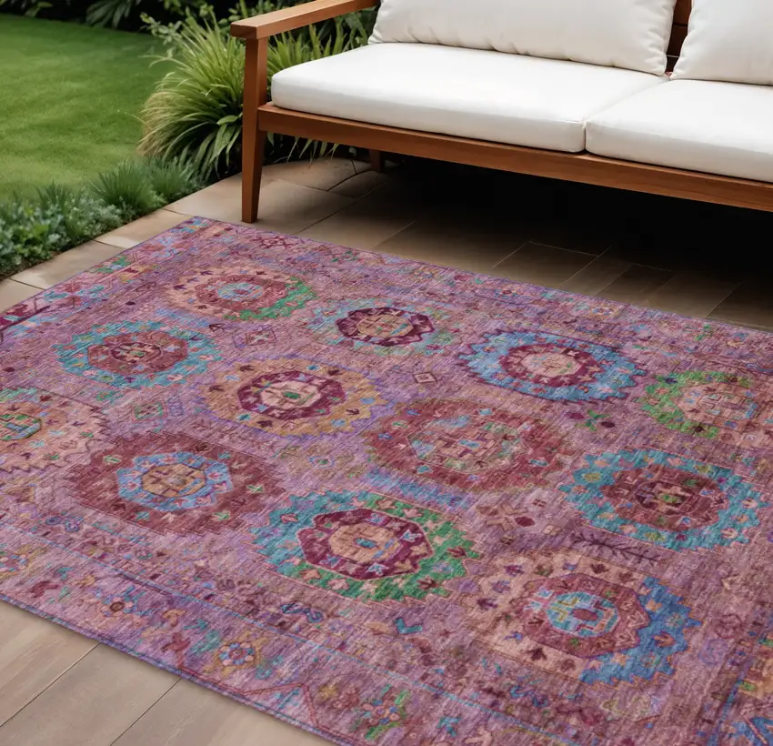 Pink Green And Mauve Medallion Washable Indoor Outdoor Area Rug Photo 1
