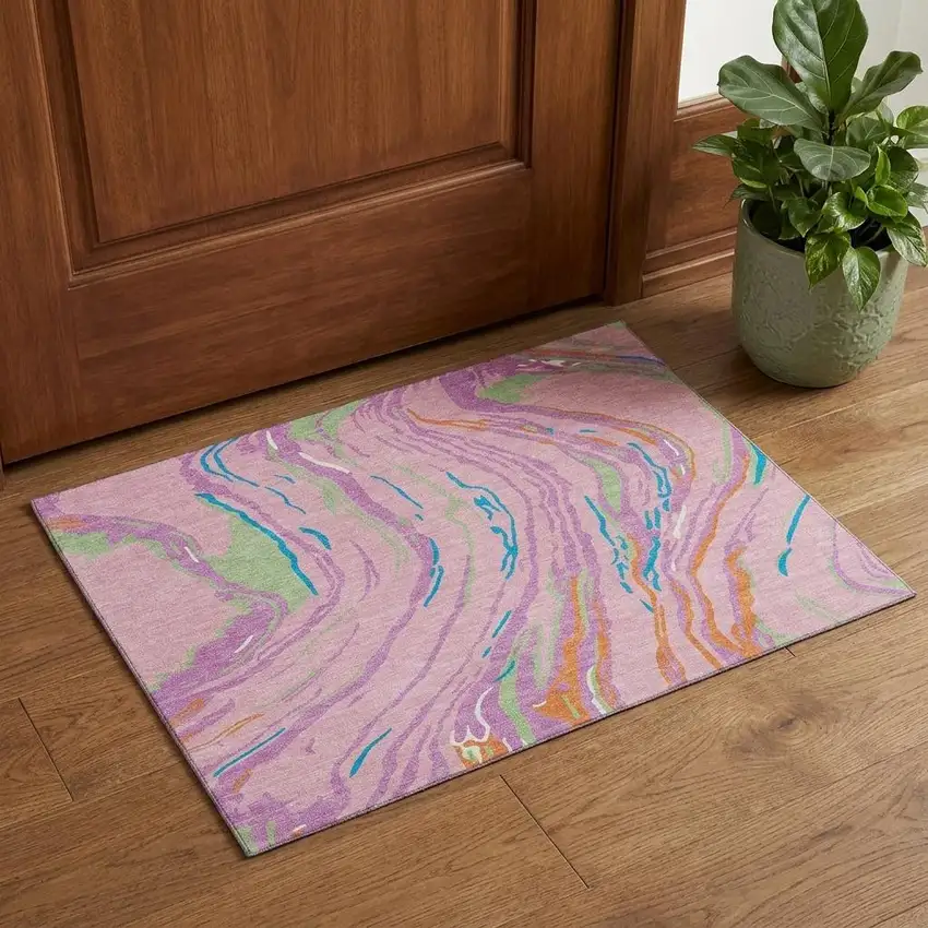 Pink Green And Orange Abstract Washable Area Rug With UV Protection Photo 1